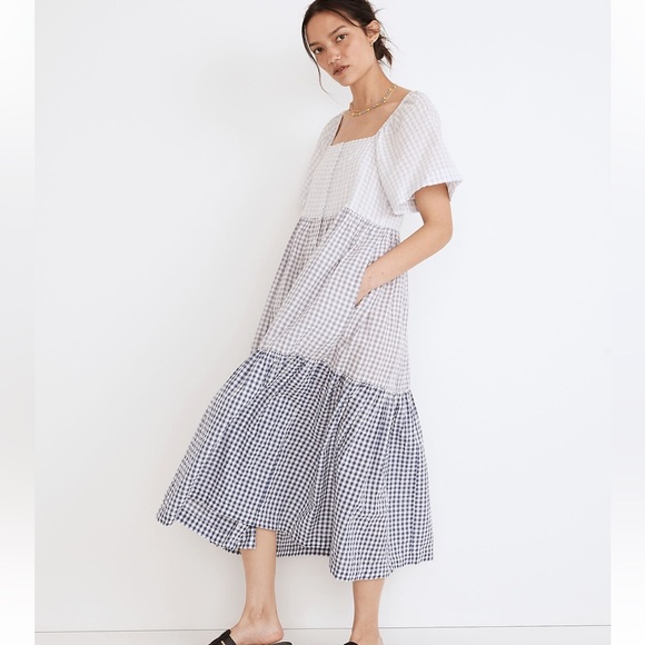 Madewell Patchwork Gingham Button Front Tiered Midi Dress, size XL - Picture 3 of 8